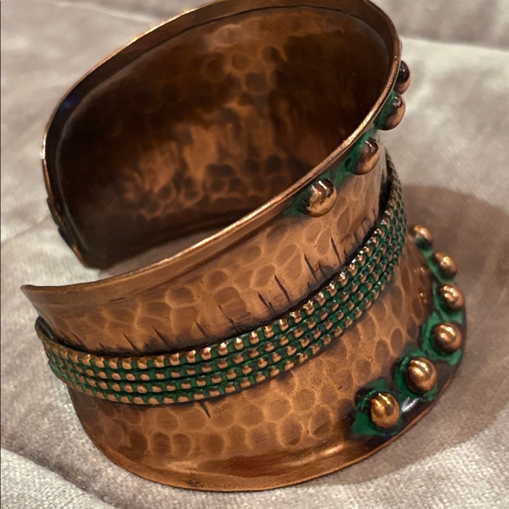 Artisan Hammered Copper Cuff Bracelet with Green Accented Design 7-8” Adjustable - Picture 6 of 8